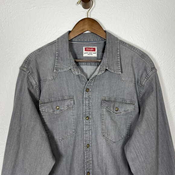 Wrangler Men's XL Indigo Gray Denim Pearl Snap Long Sleeve Western Button Up - Picture 2 of 11